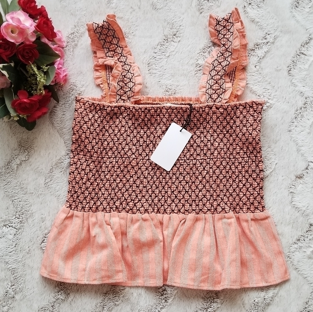 Line & Dot Light Coral Orange Scrunch Banded Corset Style Top Size L